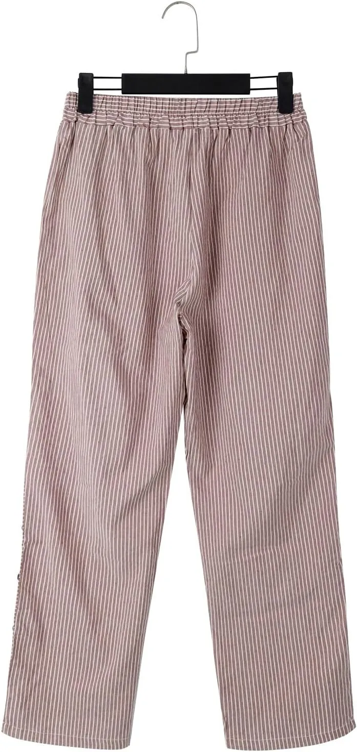 Cropped Linen Pants for Women Straight Leg Elastic Waist Capris Stripe Print Beach Summer Casual Pants with Pockets