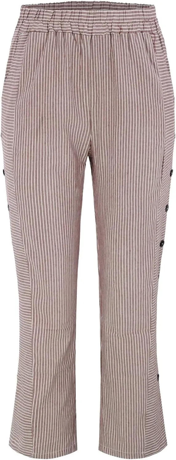 Cropped Linen Pants for Women Straight Leg Elastic Waist Capris Stripe Print Beach Summer Casual Pants with Pockets