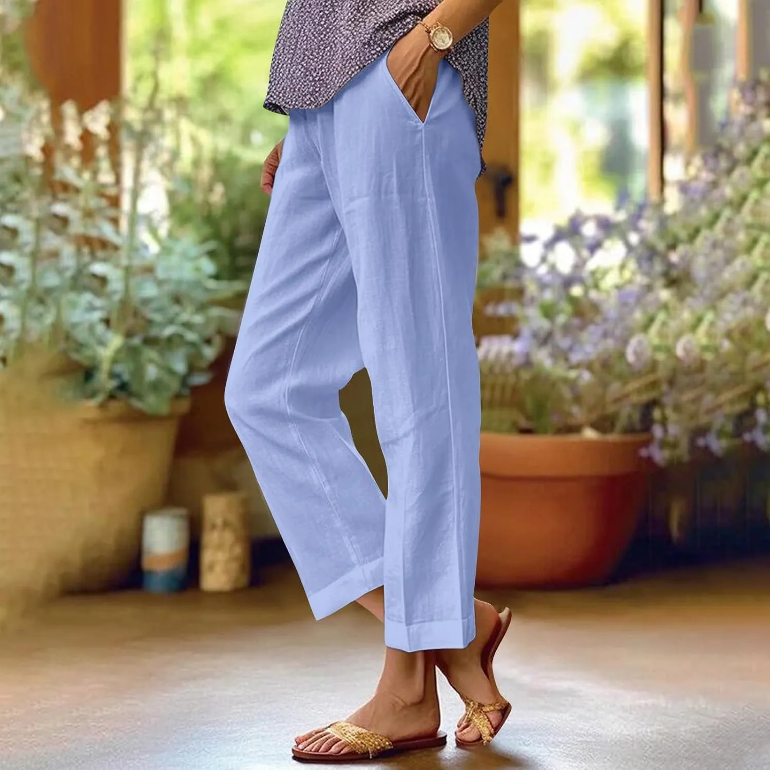 Cropped Linen Pants Women Plus Size High Waisted Wide Leg Capri Pants Casual Summer Gauze Beach Trousers with Pockets