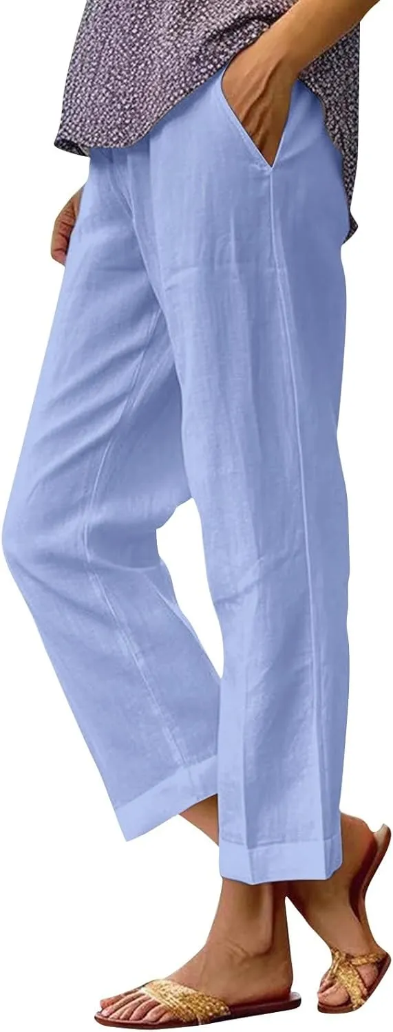 Cropped Linen Pants Women Plus Size High Waisted Wide Leg Capri Pants Casual Summer Gauze Beach Trousers with Pockets