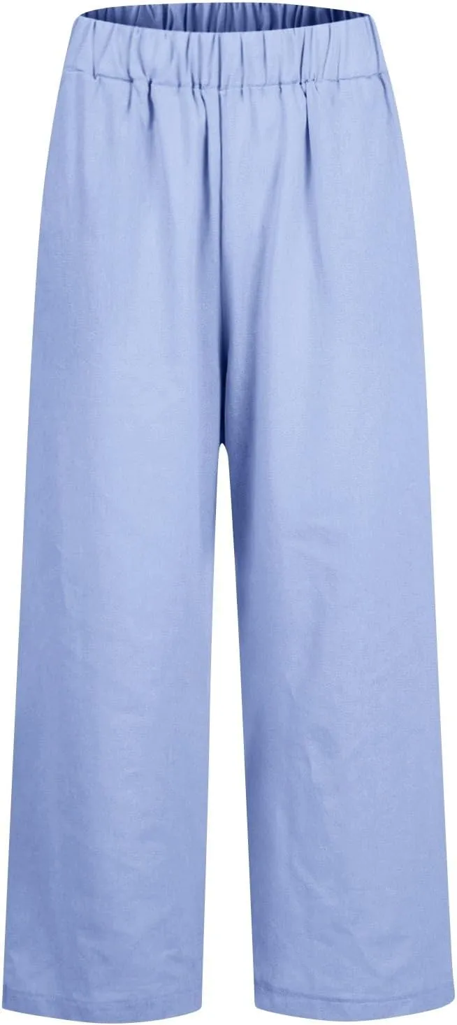 Cropped Linen Pants Women Plus Size High Waisted Wide Leg Capri Pants Casual Summer Gauze Beach Trousers with Pockets