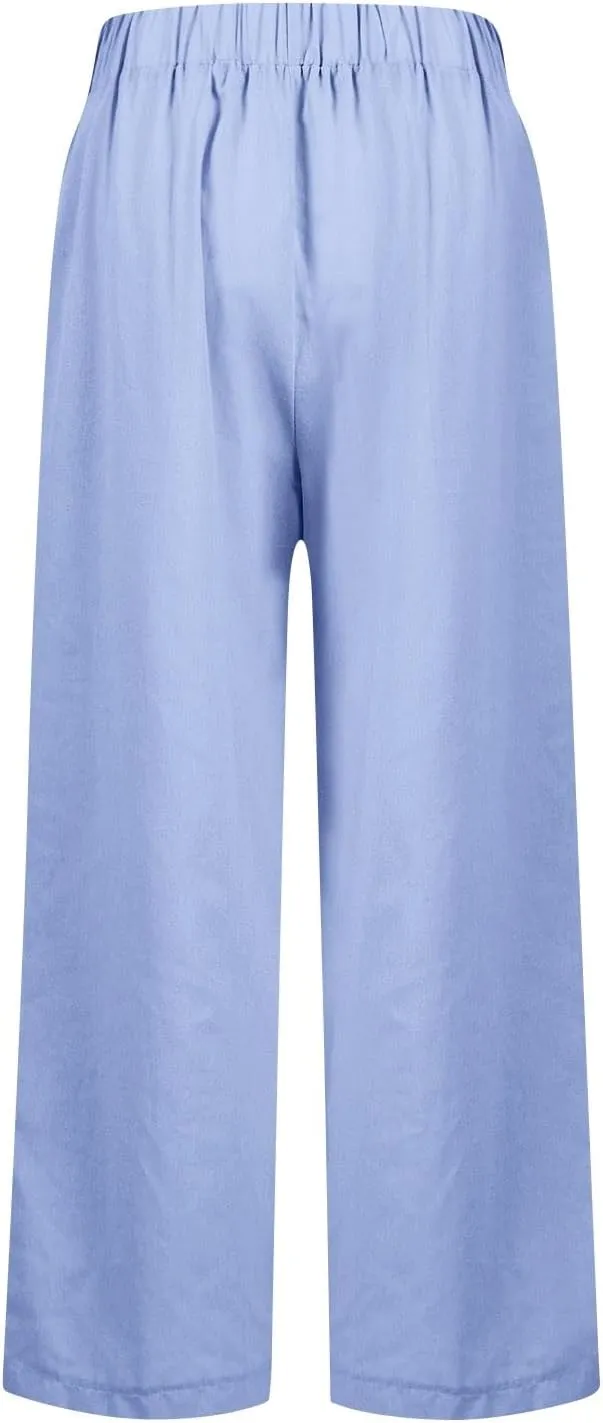 Cropped Linen Pants Women Plus Size High Waisted Wide Leg Capri Pants Casual Summer Gauze Beach Trousers with Pockets