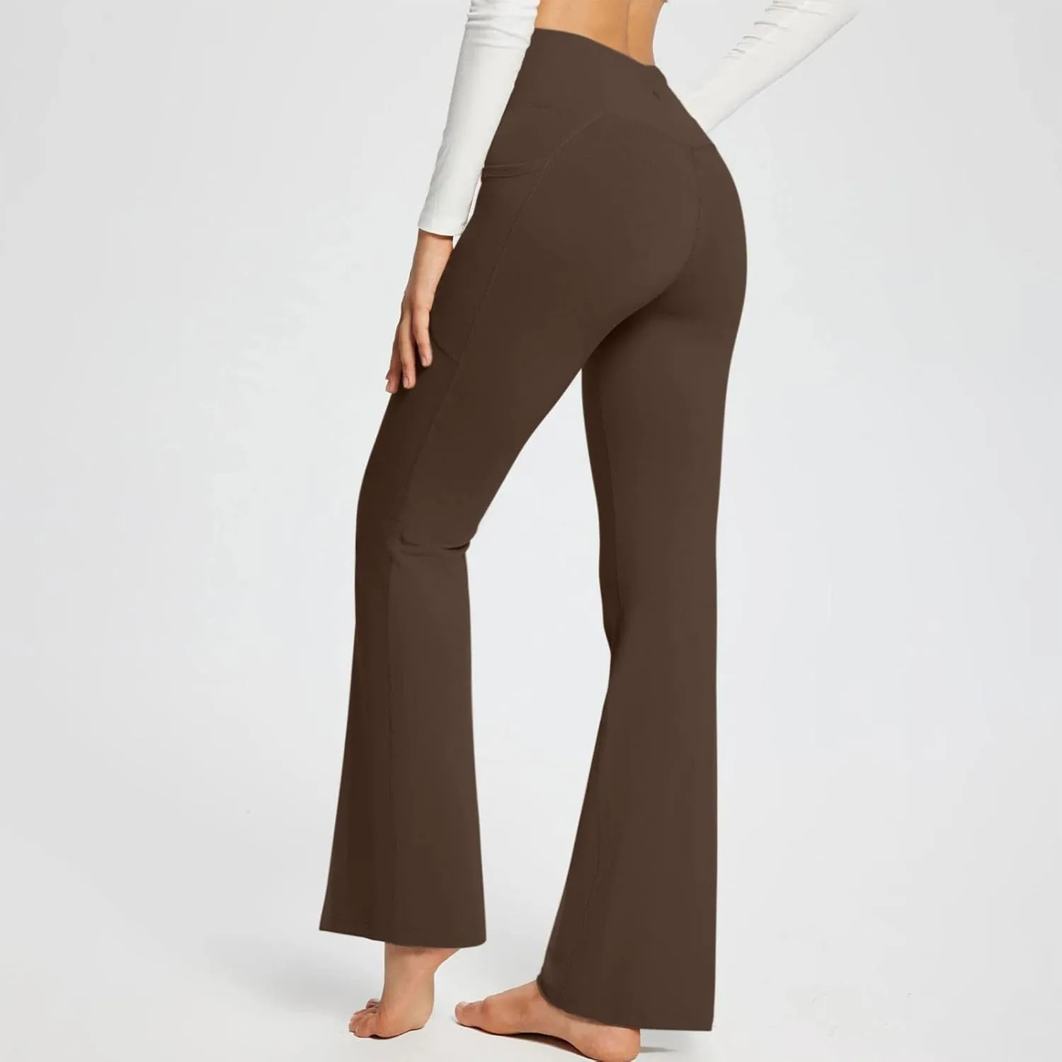 Cross Waist Yoga Pants with Pockets for Women V Crossover High Waisted Flare Leggings Bootcut Trousers Workout Pants