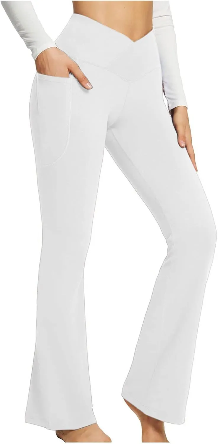 Cross Waist Yoga Pants with Pockets for Women V Crossover High Waisted Flare Leggings Bootcut Trousers Workout Pants