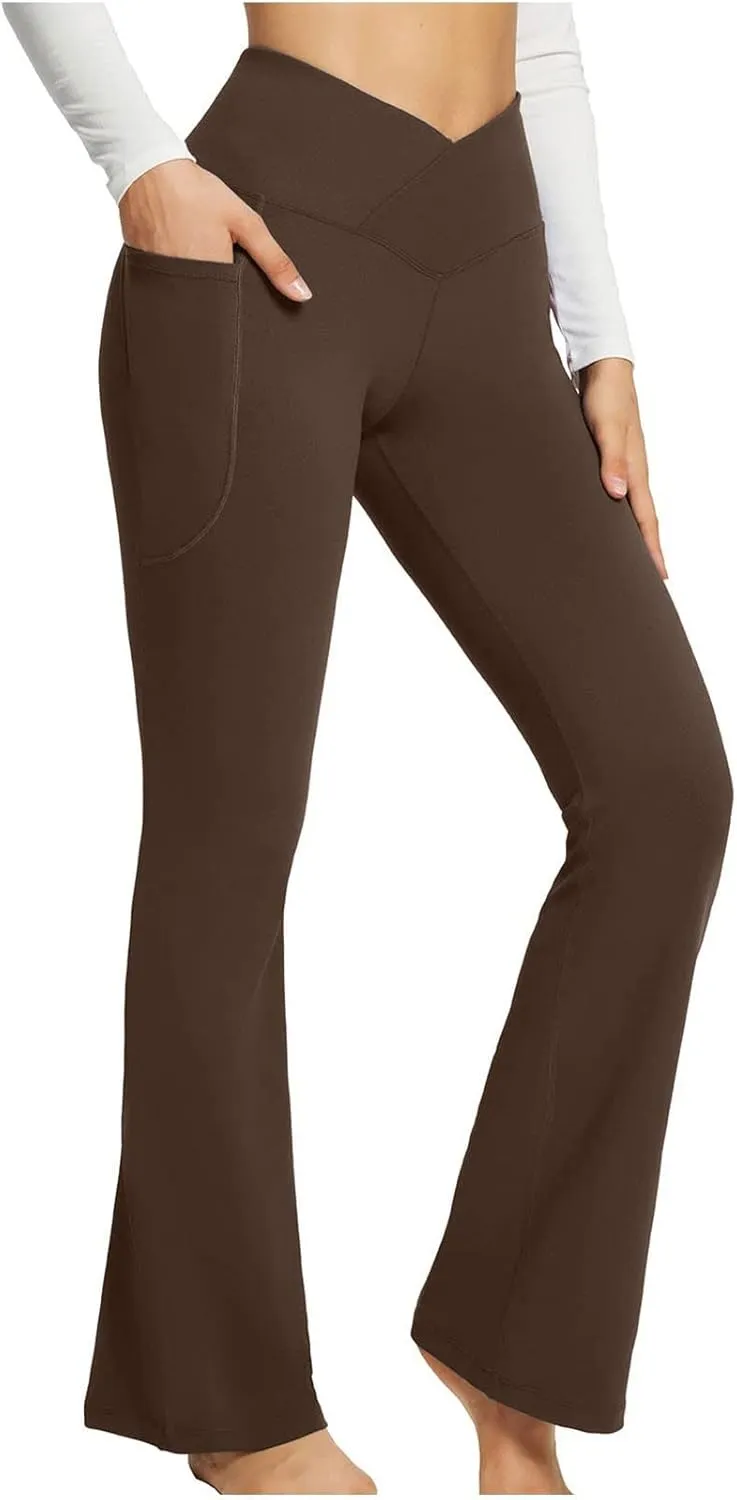 Cross Waist Yoga Pants with Pockets for Women V Crossover High Waisted Flare Leggings Bootcut Trousers Workout Pants
