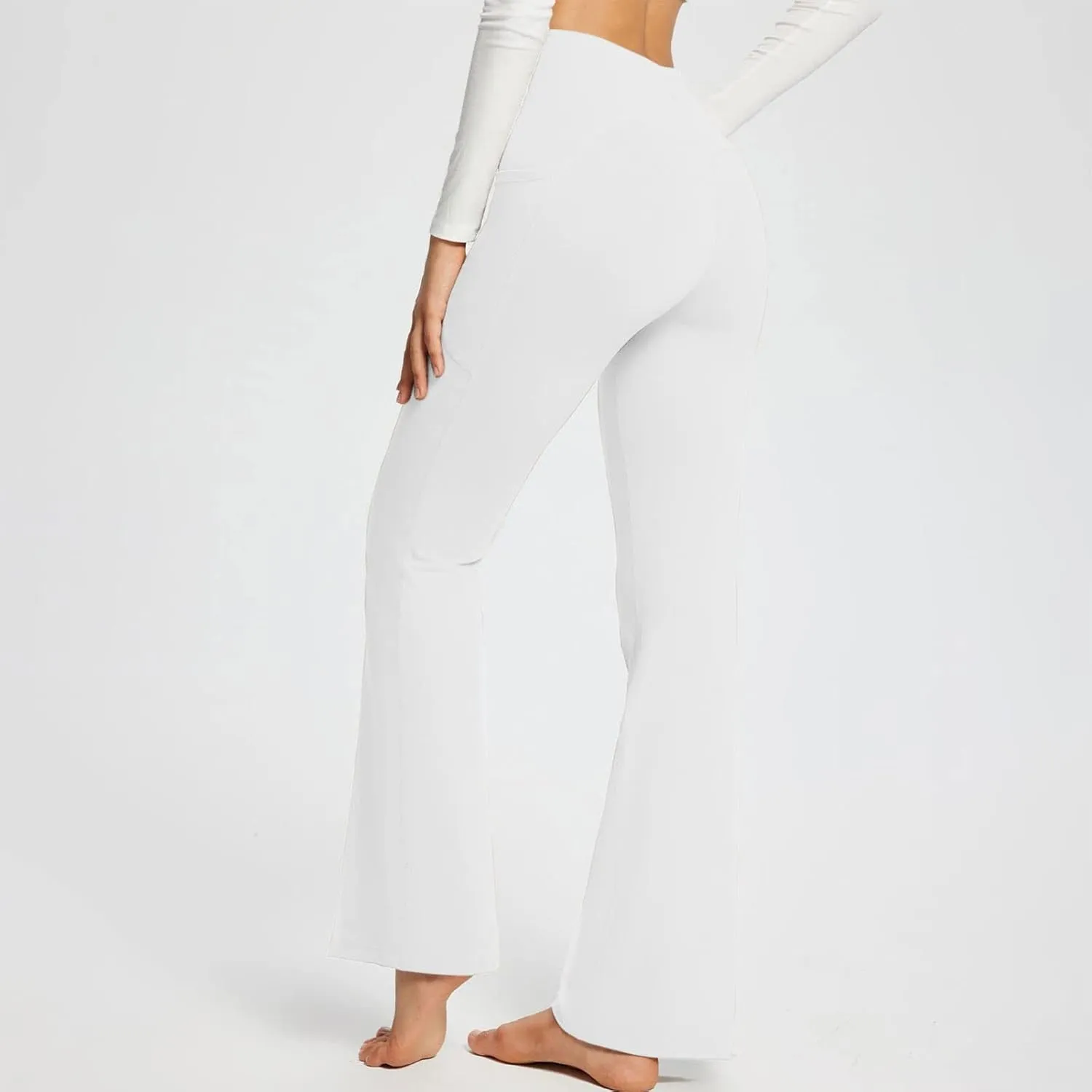 Cross Waist Yoga Pants with Pockets for Women V Crossover High Waisted Flare Leggings Bootcut Trousers Workout Pants