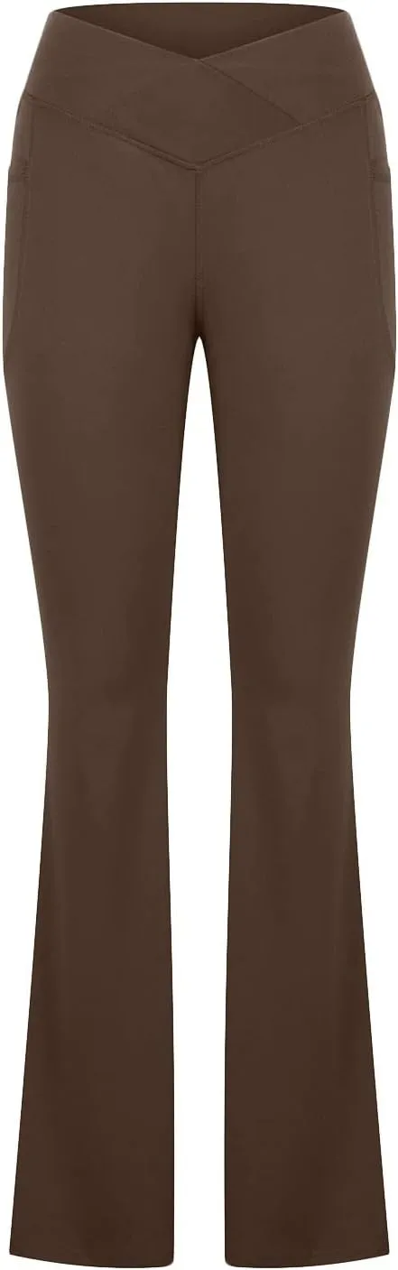 Cross Waist Yoga Pants with Pockets for Women V Crossover High Waisted Flare Leggings Bootcut Trousers Workout Pants