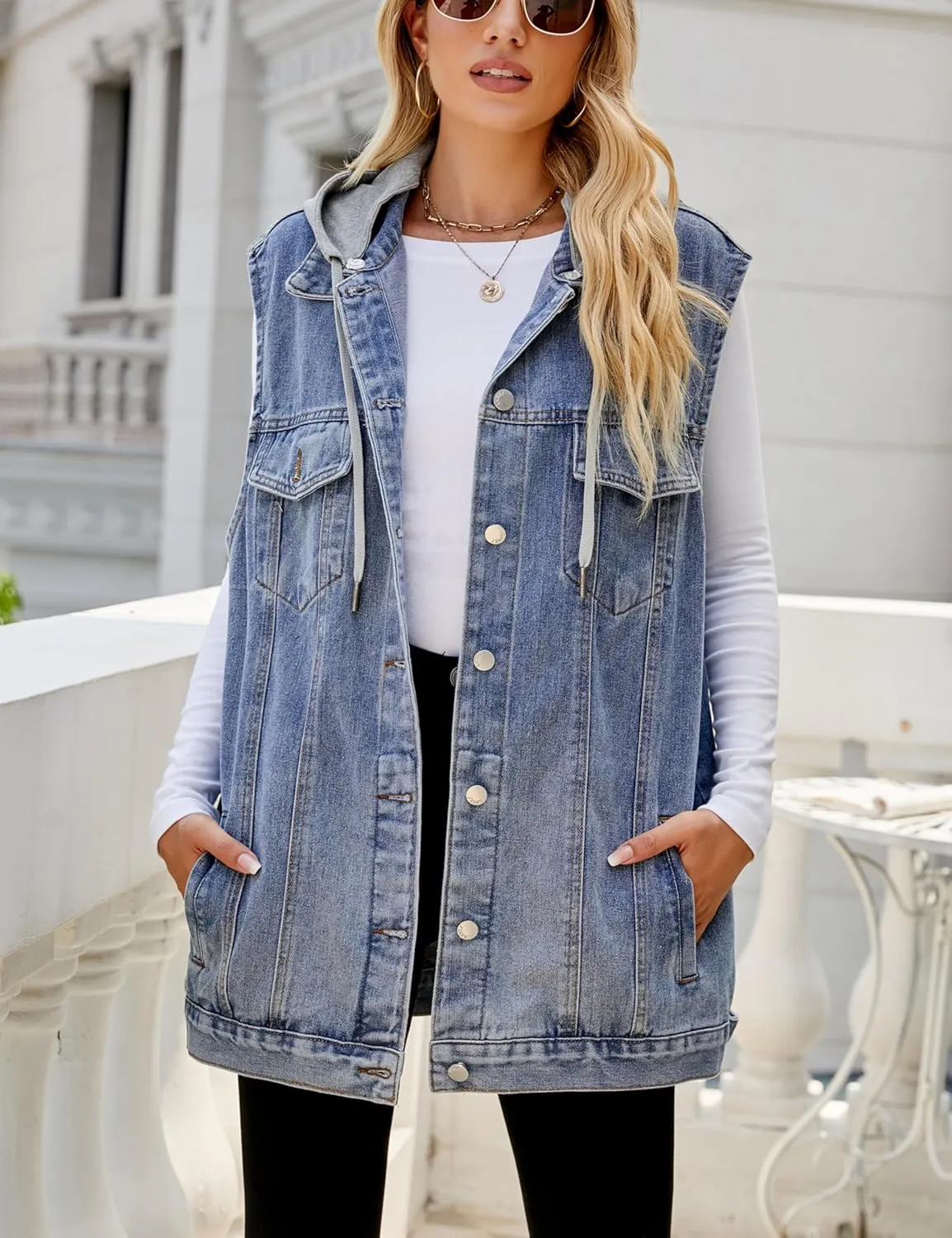 Denim Jean Vest for Women Oversized Sleeveless Mid Long Button Down Denim Waistcoat