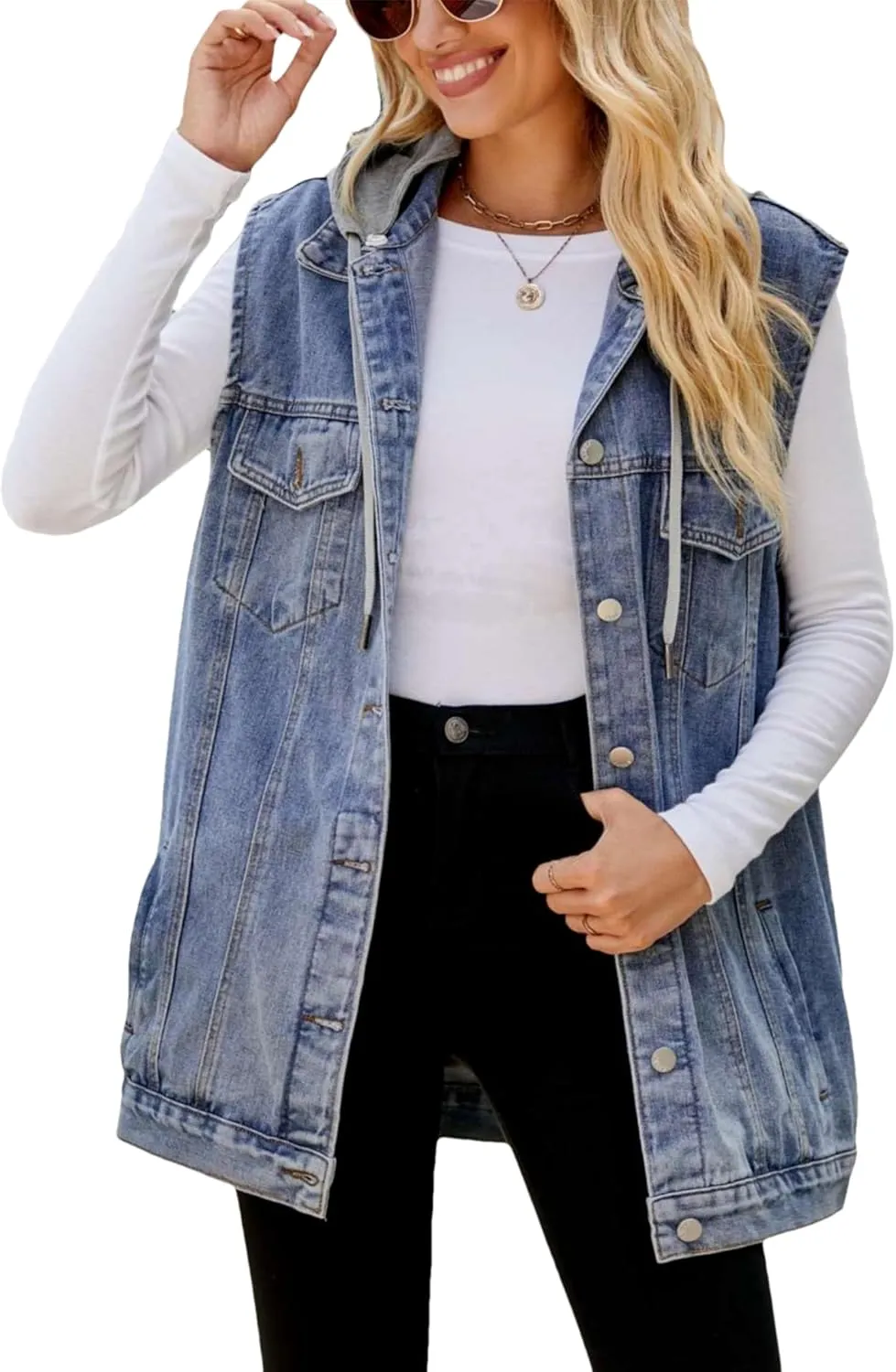Denim Jean Vest for Women Oversized Sleeveless Mid Long Button Down Denim Waistcoat