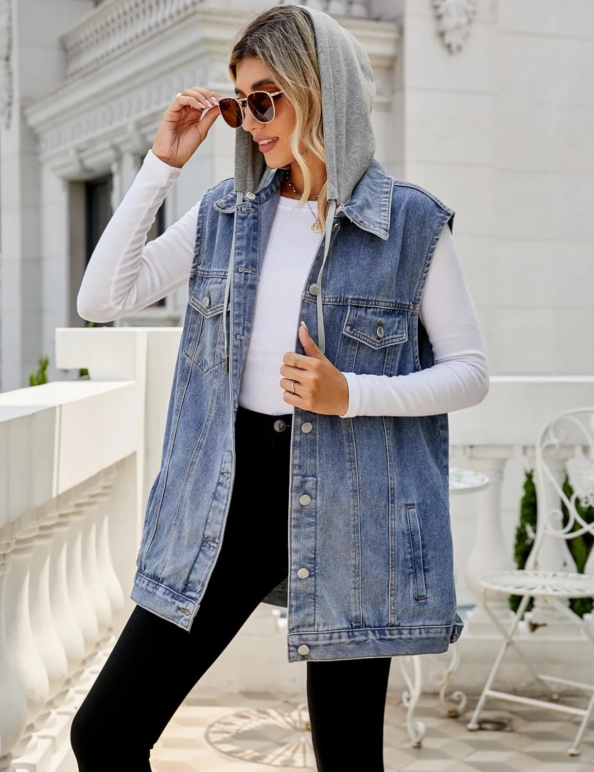 Denim Jean Vest for Women Oversized Sleeveless Mid Long Button Down Denim Waistcoat