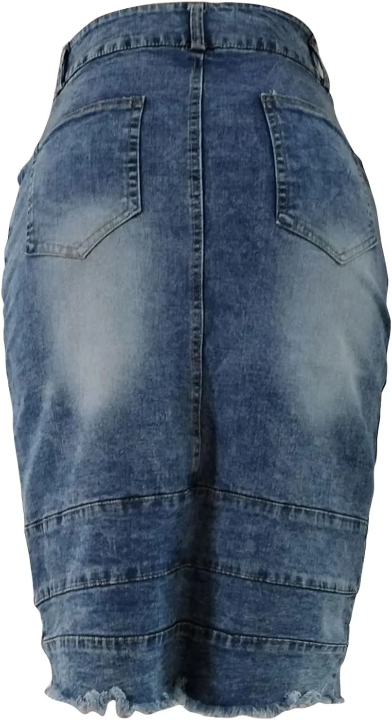Denim Skirt for Women Fashion Solid Midi Bodycon Jean Skirt Summer Elegant Button Front Split Work Business Skirts
