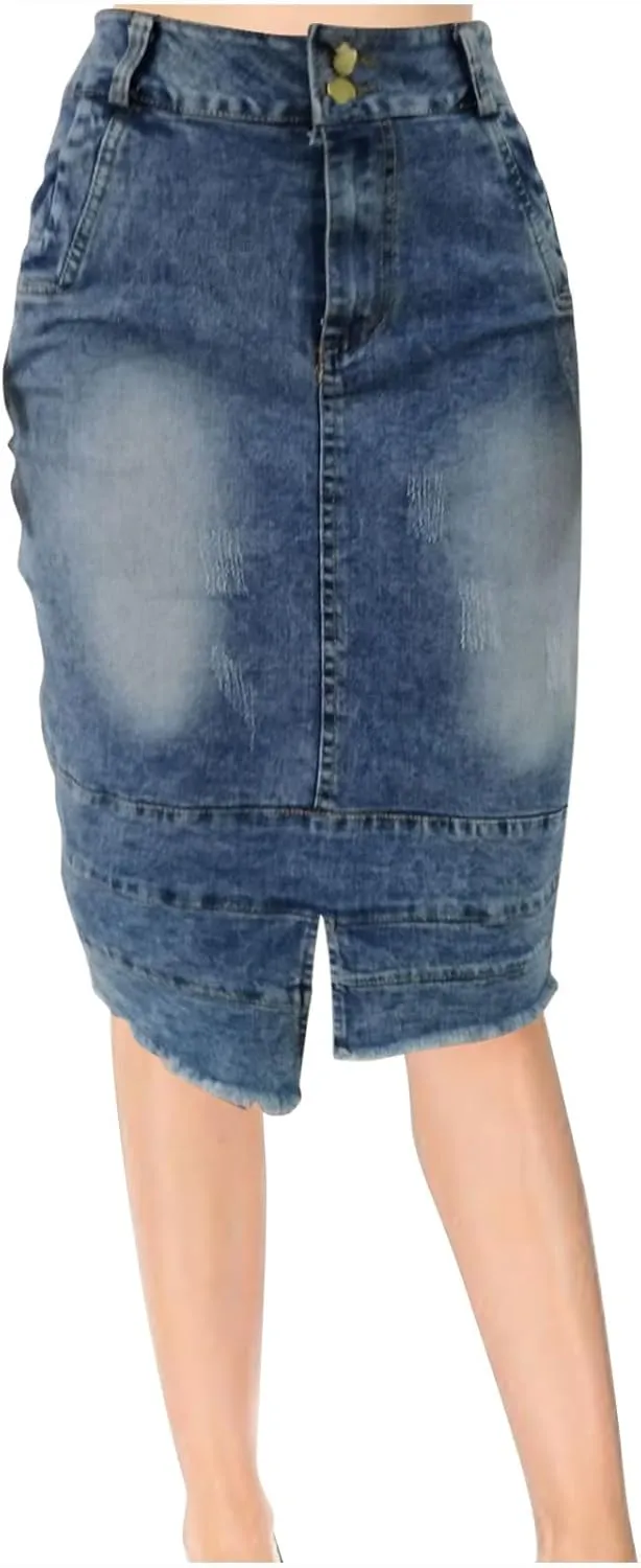 Denim Skirt for Women Fashion Solid Midi Bodycon Jean Skirt Summer Elegant Button Front Split Work Business Skirts