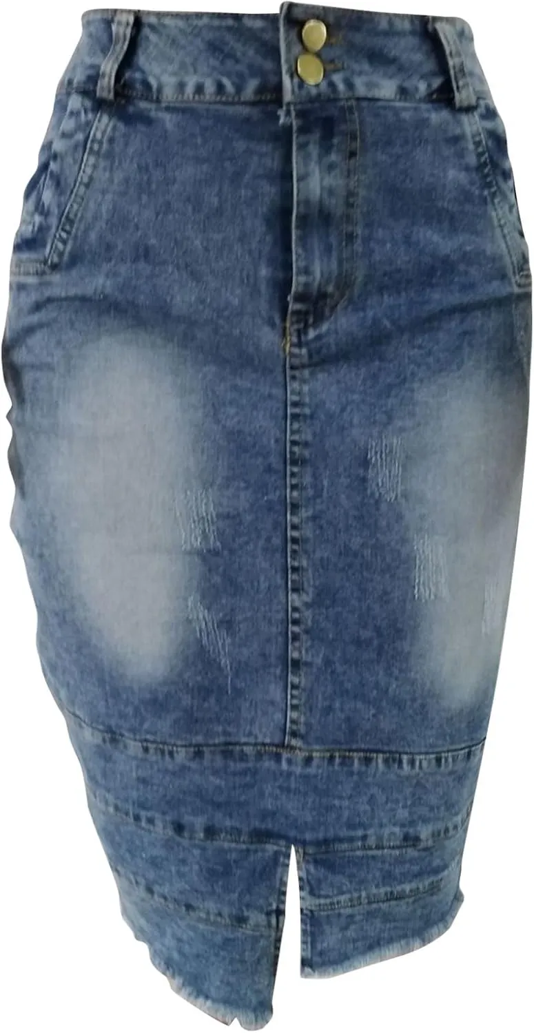 Denim Skirt for Women Fashion Solid Midi Bodycon Jean Skirt Summer Elegant Button Front Split Work Business Skirts