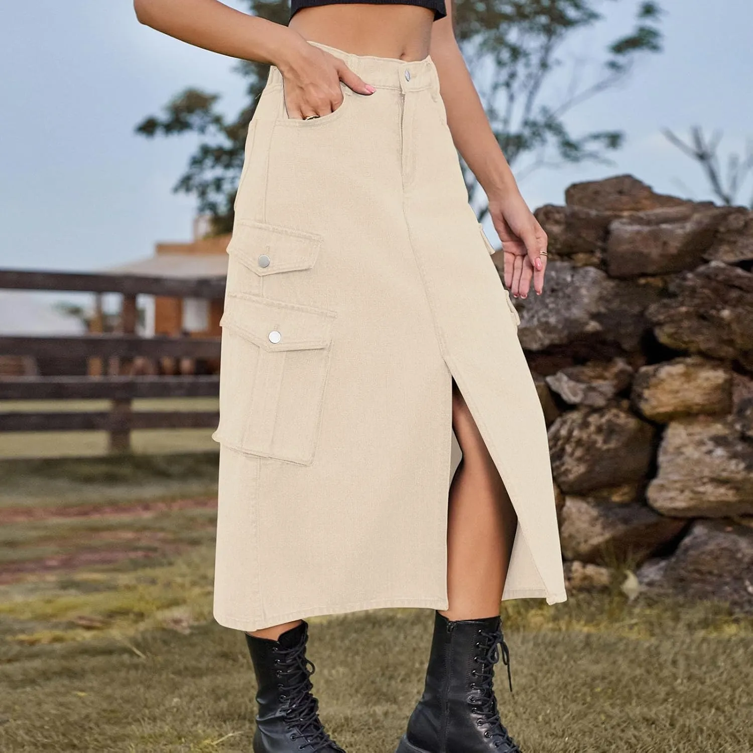 Denim Skirt for Women Flap Pockets A-Line Jean Skirts Front Slit Slim Pencil Denim Skirts Casual Bodycon Skirt Y2k