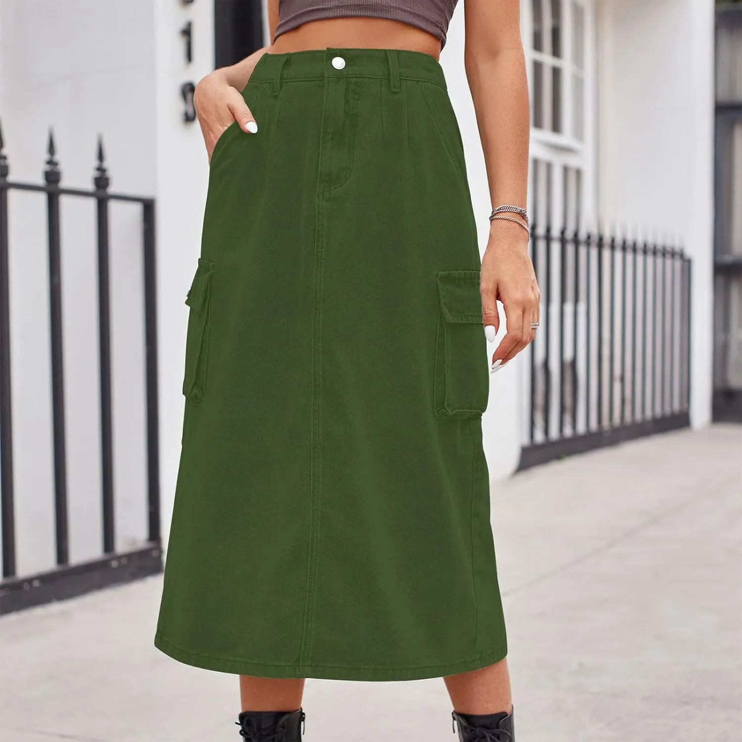 Denim Skirt for Women Solid Cowgirl Midi Cargo Y2k Casual Jean Skirt with Pockets Summer Mid-Length Skirt Office Work