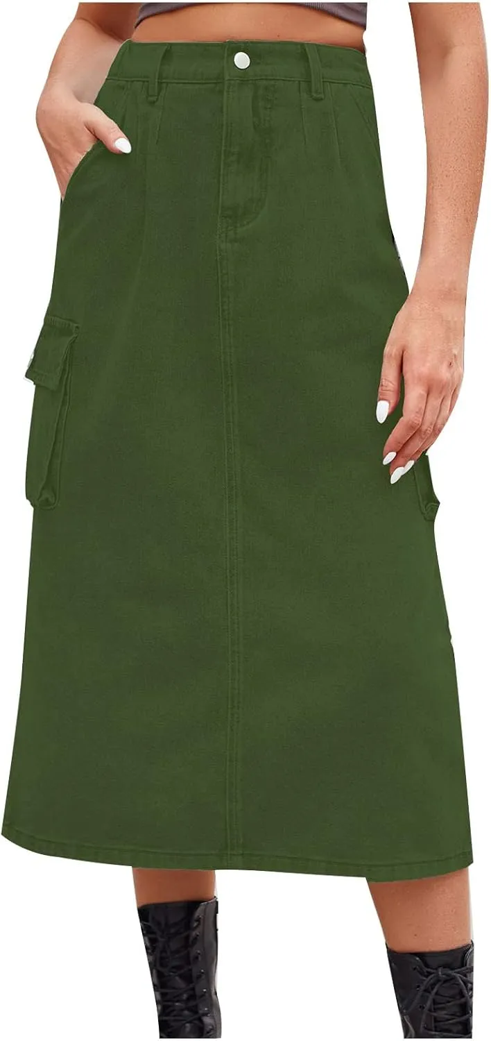 Denim Skirt for Women Solid Cowgirl Midi Cargo Y2k Casual Jean Skirt with Pockets Summer Mid-Length Skirt Office Work