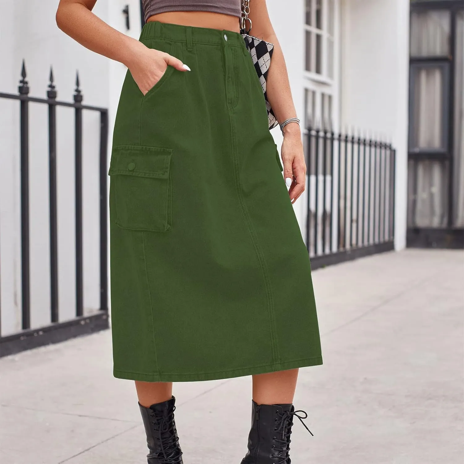 Denim Skirt for Women Solid Cowgirl Midi Cargo Y2k Casual Jean Skirt with Pockets Summer Mid-Length Skirt Office Work