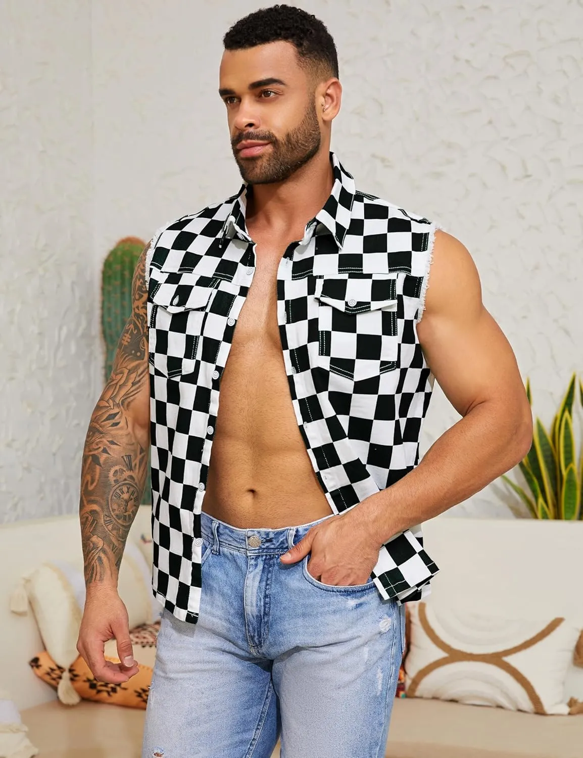 Denim Vest for Men Print Sleeveless Jean Jacket Festival Clothing
