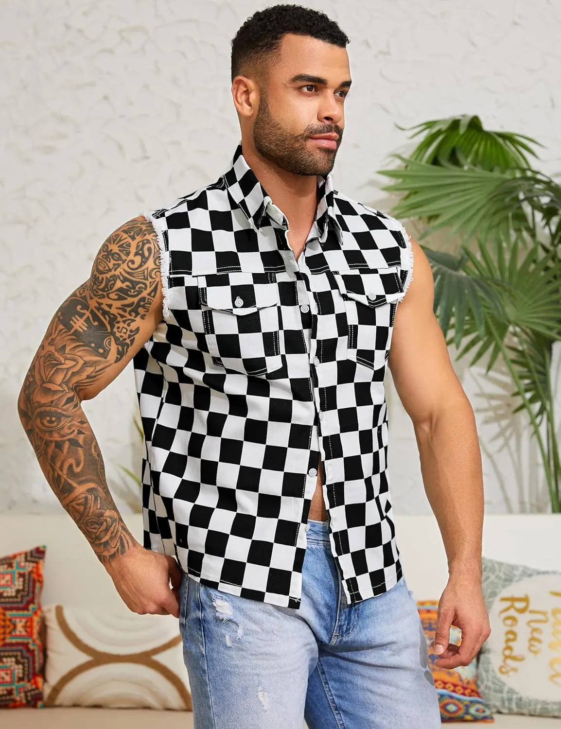 Denim Vest for Men Print Sleeveless Jean Jacket Festival Clothing