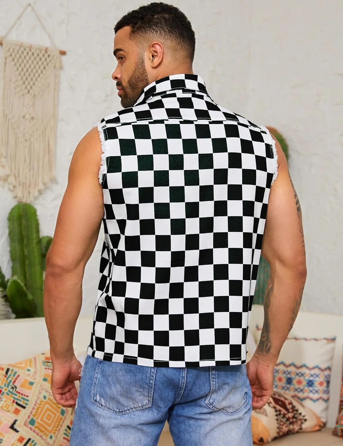 Denim Vest for Men Print Sleeveless Jean Jacket Festival Clothing