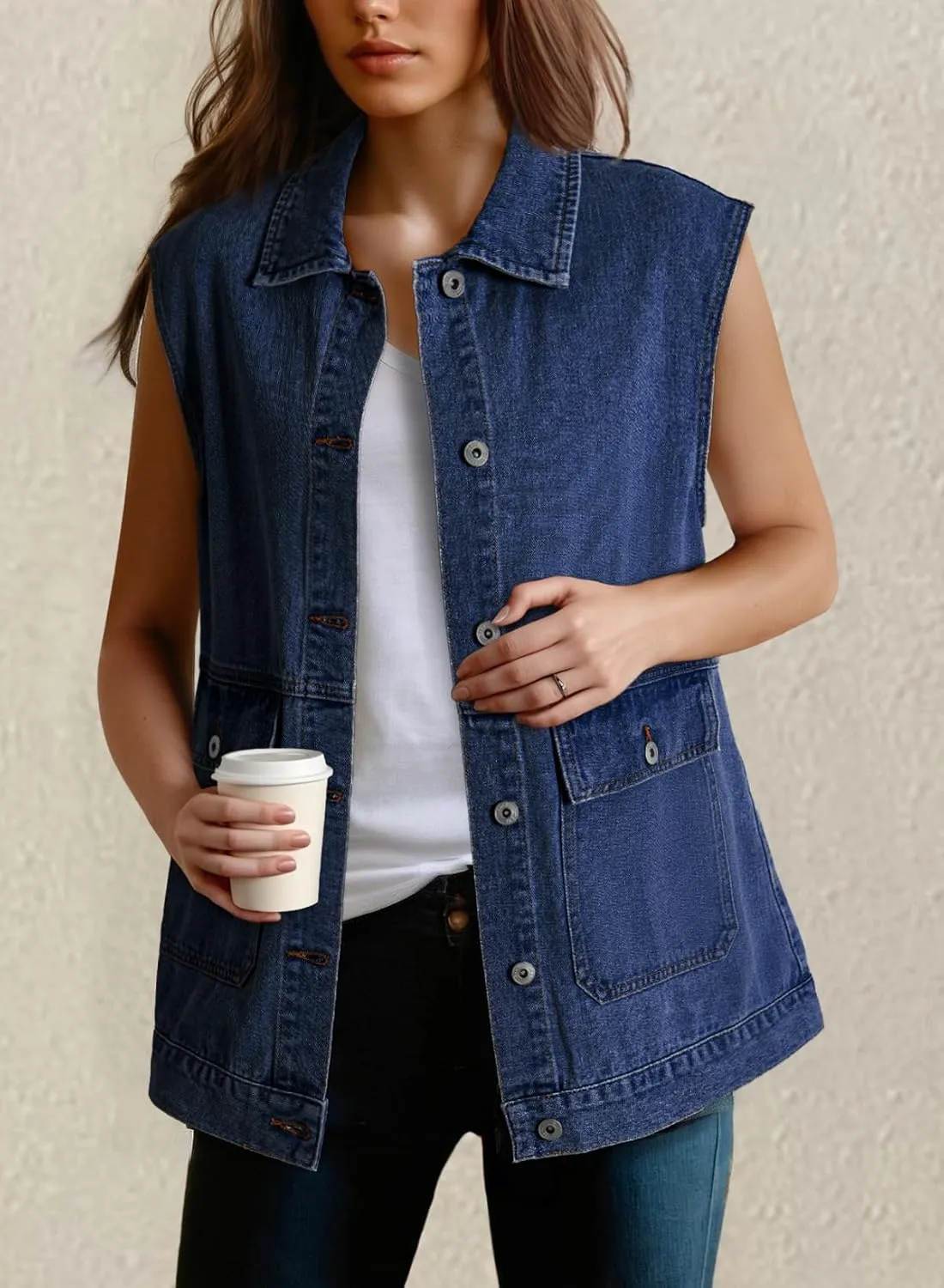 Dokotoo Womens Fashion 2025 Casual Denim Vest Oversized Mid Long Jean Vest Sleeveless Jean Jacket Shacket with Pockets