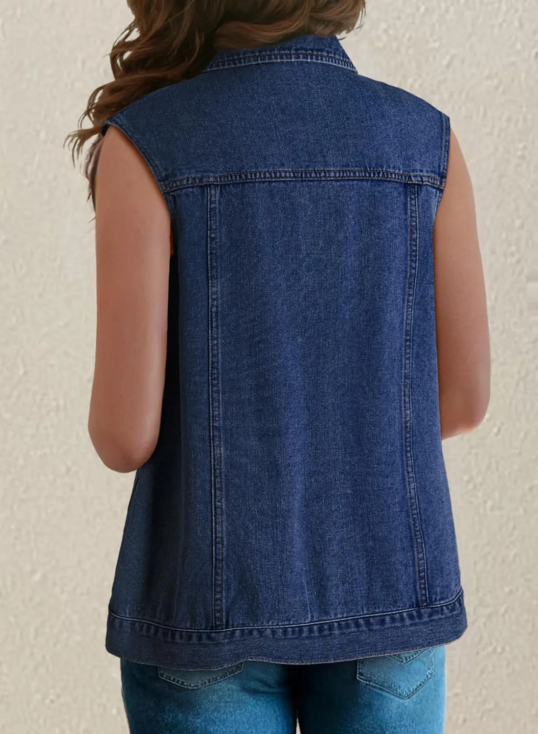 Dokotoo Womens Fashion 2025 Casual Denim Vest Oversized Mid Long Jean Vest Sleeveless Jean Jacket Shacket with Pockets