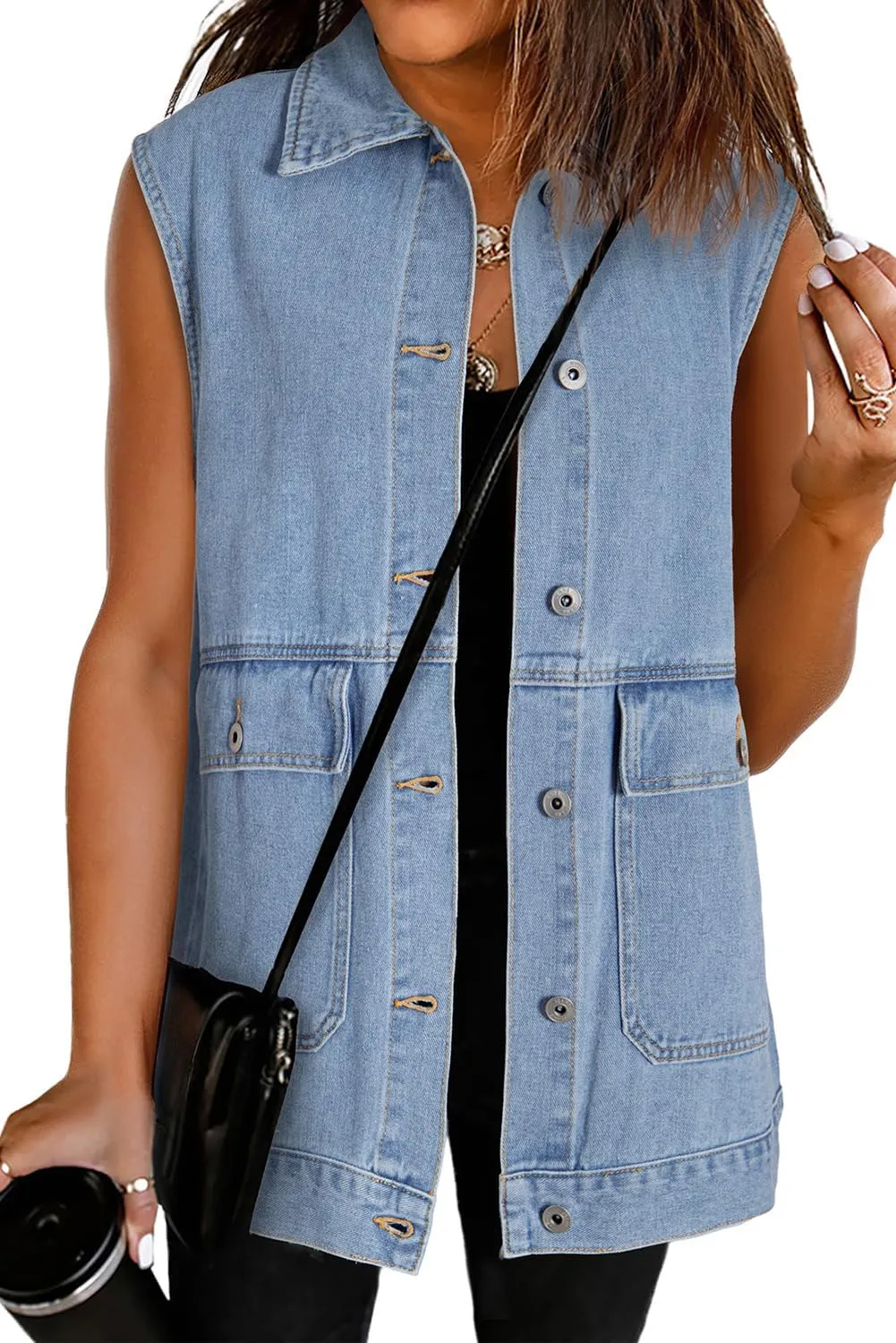 Dokotoo Womens Fashion 2025 Casual Denim Vest Oversized Mid Long Jean Vest Sleeveless Jean Jacket Shacket with Pockets