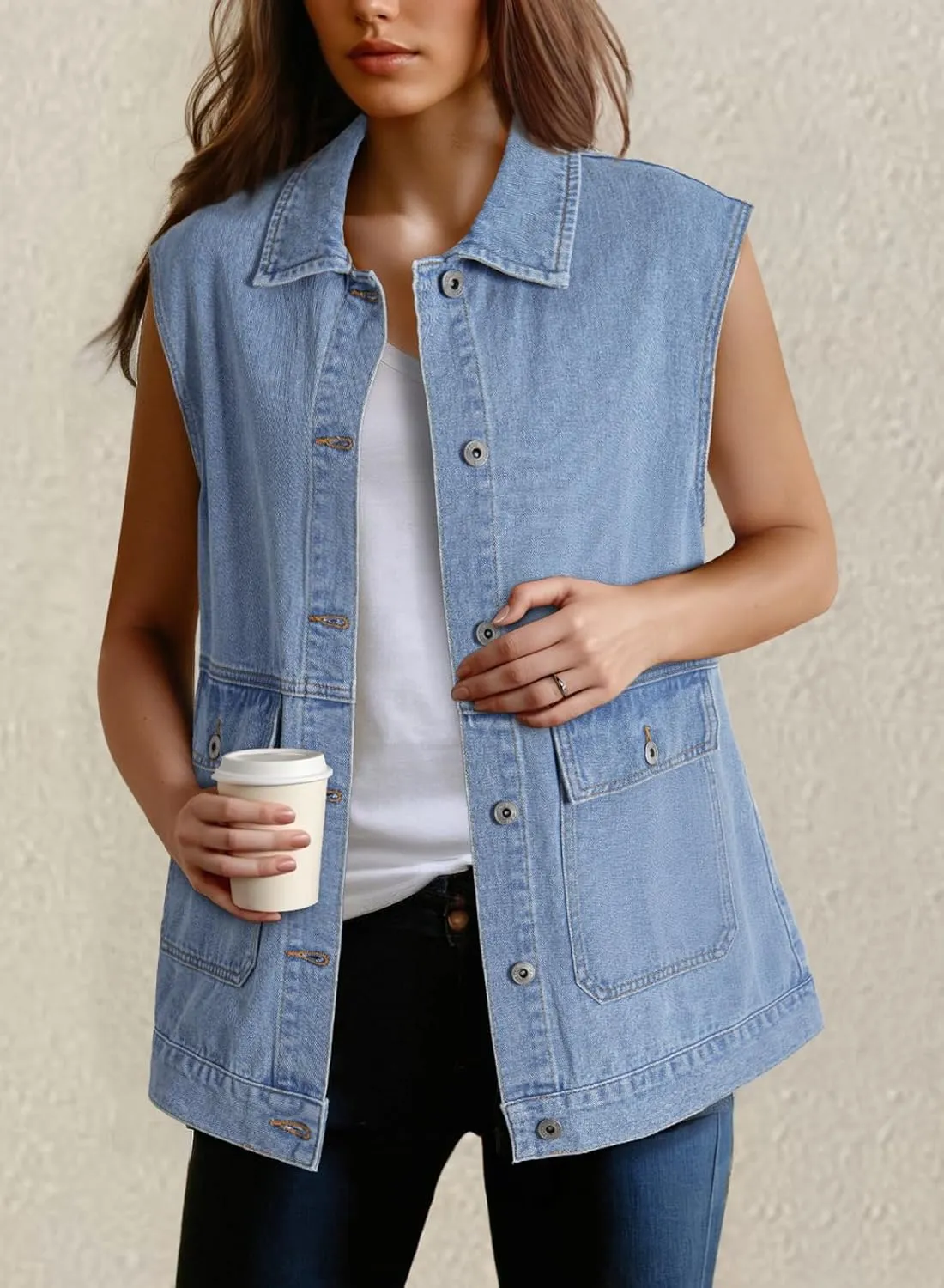 Dokotoo Womens Fashion 2025 Casual Denim Vest Oversized Mid Long Jean Vest Sleeveless Jean Jacket Shacket with Pockets