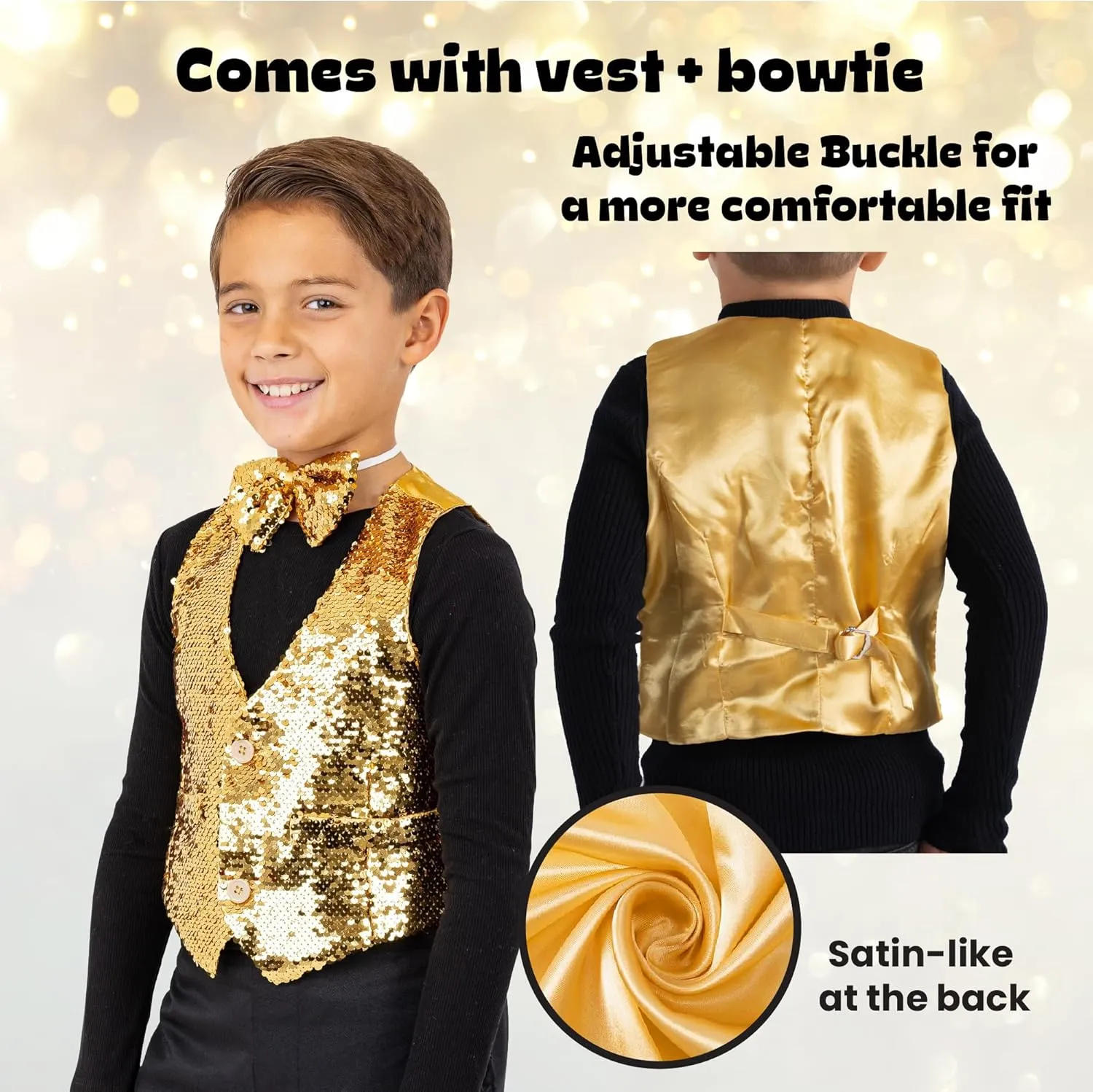 Dress Up America Sequin Vest with Bowtie - Sparkly Vest for Boys - Costume Party Vest for Kids - Boys Sequin Vest