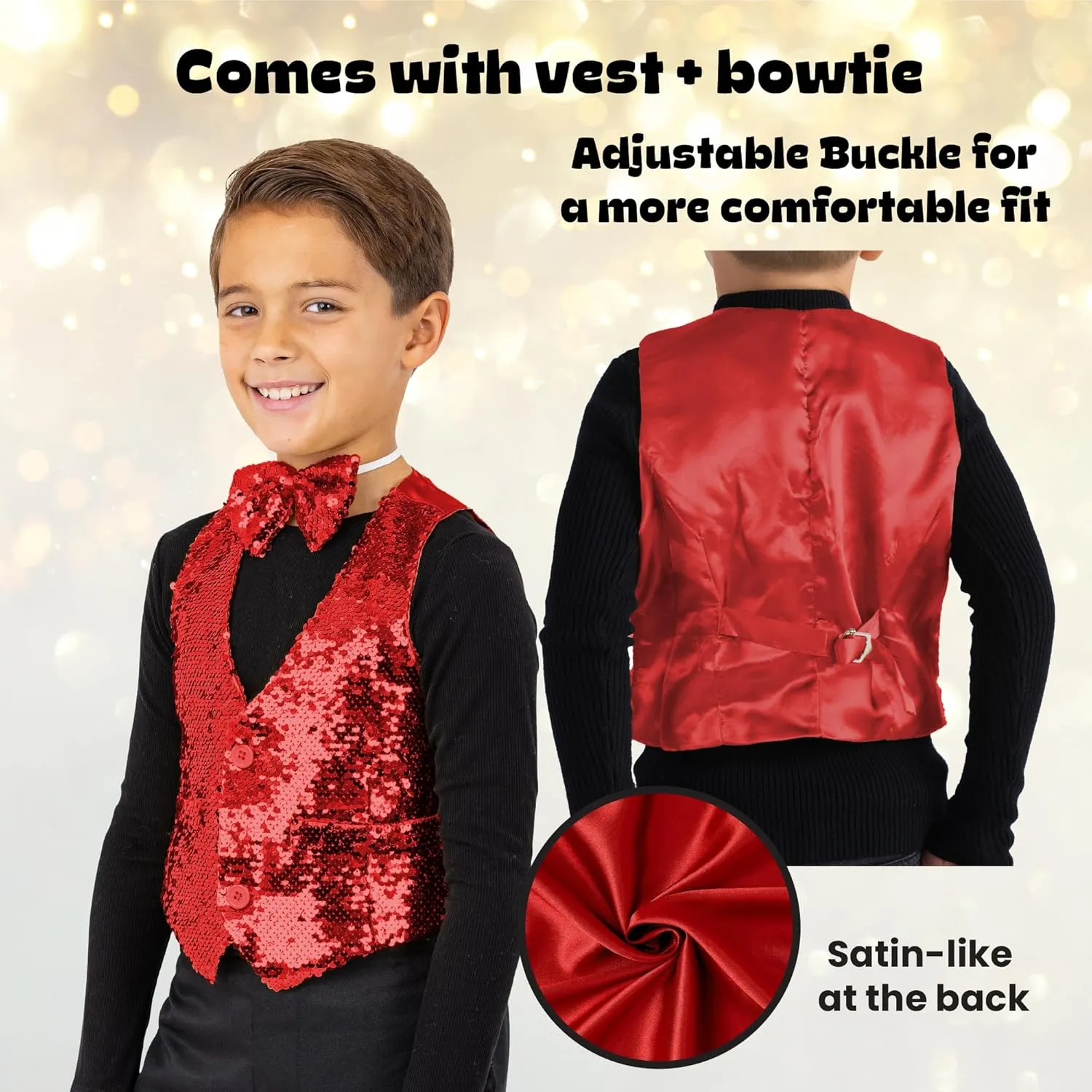 Dress Up America Sequin Vest with Bowtie - Sparkly Vest for Boys - Costume Party Vest for Kids - Boys Sequin Vest