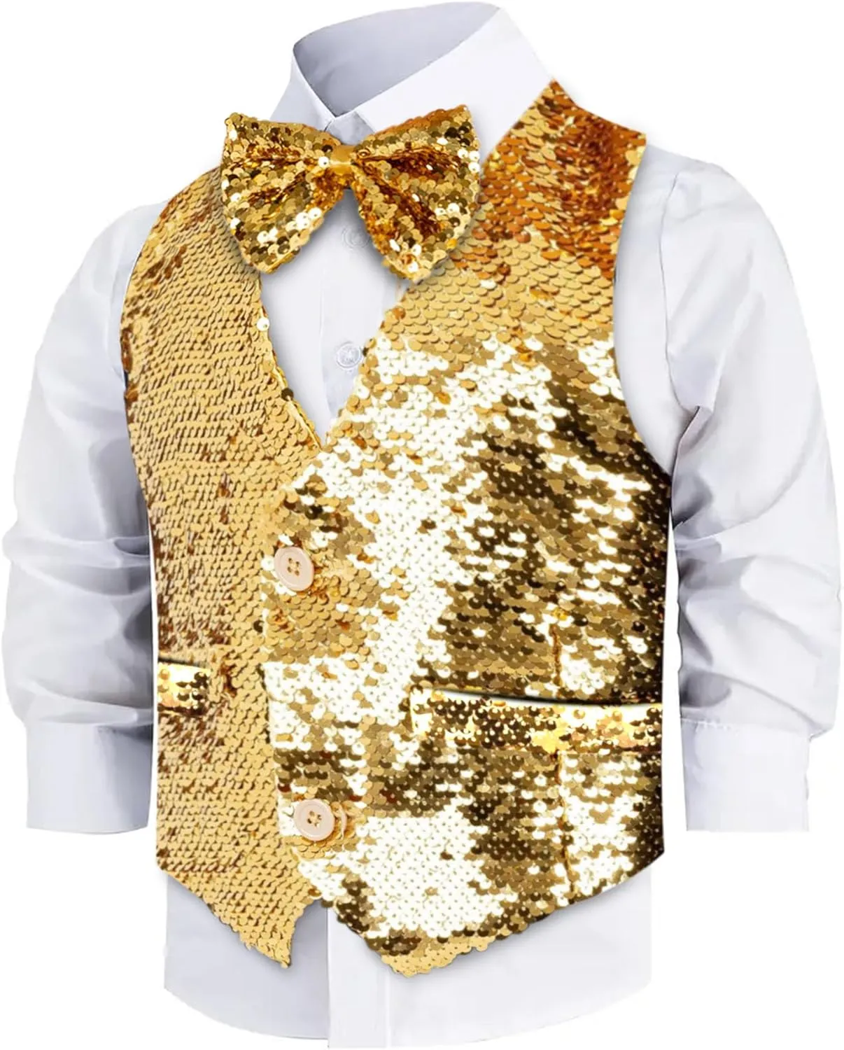 Dress Up America Sequin Vest with Bowtie - Sparkly Vest for Boys - Costume Party Vest for Kids - Boys Sequin Vest