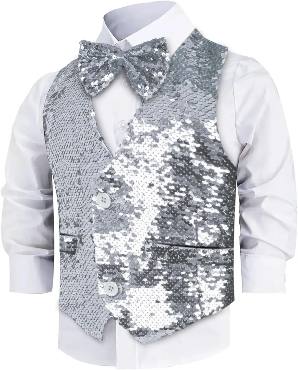 Dress Up America Sequin Vest with Bowtie - Sparkly Vest for Boys - Costume Party Vest for Kids - Boys Sequin Vest
