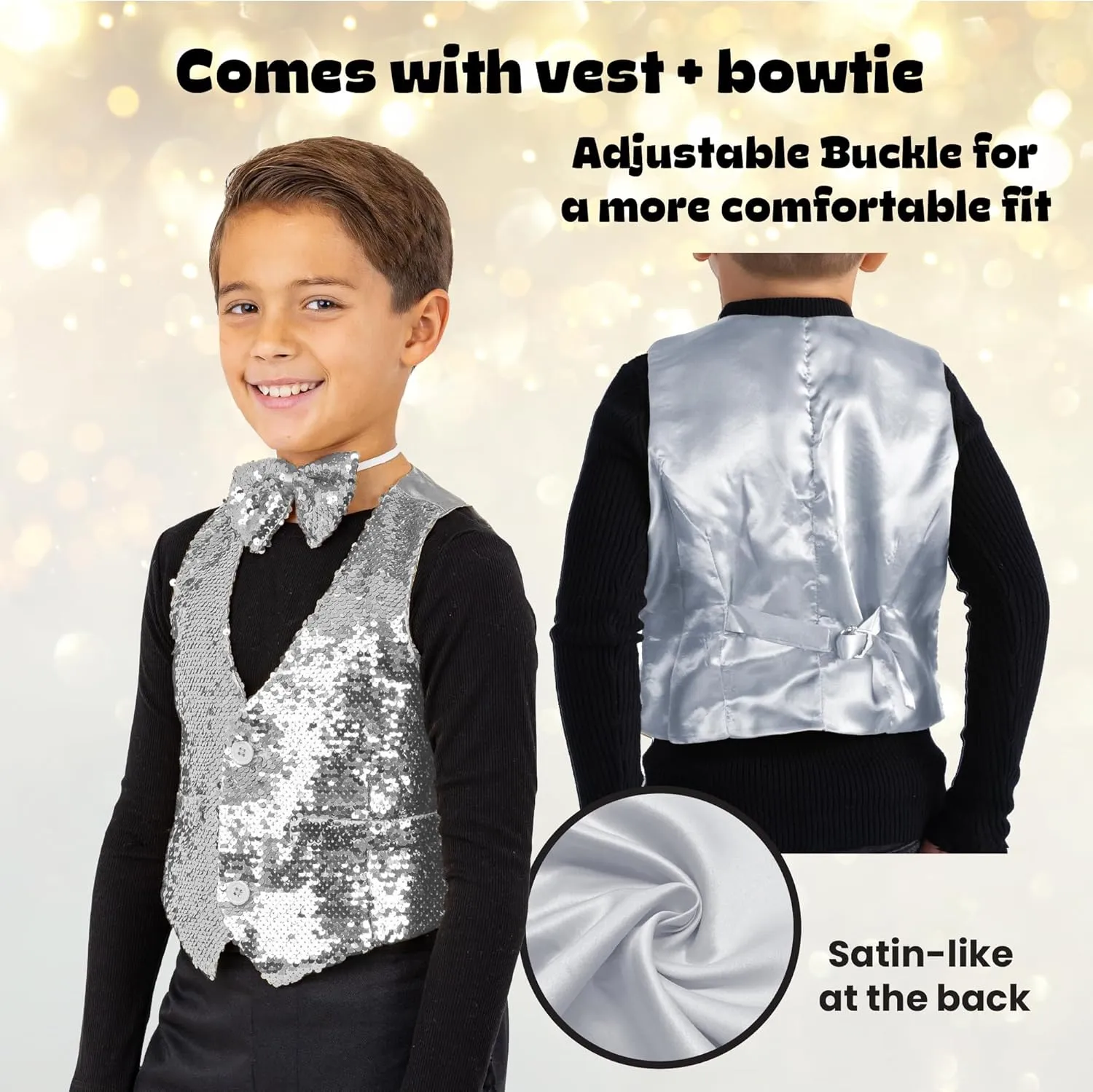 Dress Up America Sequin Vest with Bowtie - Sparkly Vest for Boys - Costume Party Vest for Kids - Boys Sequin Vest