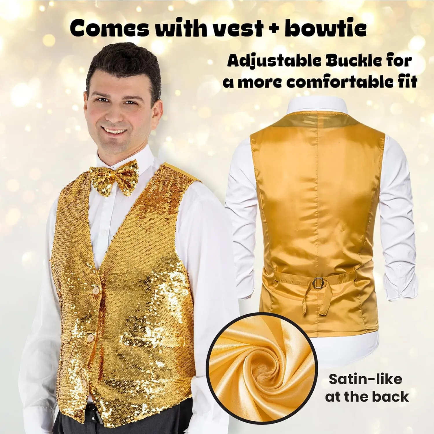 Dress Up America Sequin Vest with Bowtie - Sparkly Vest for Men - Costume Party Vest for Adults - Men Sequin Vest (Silver)