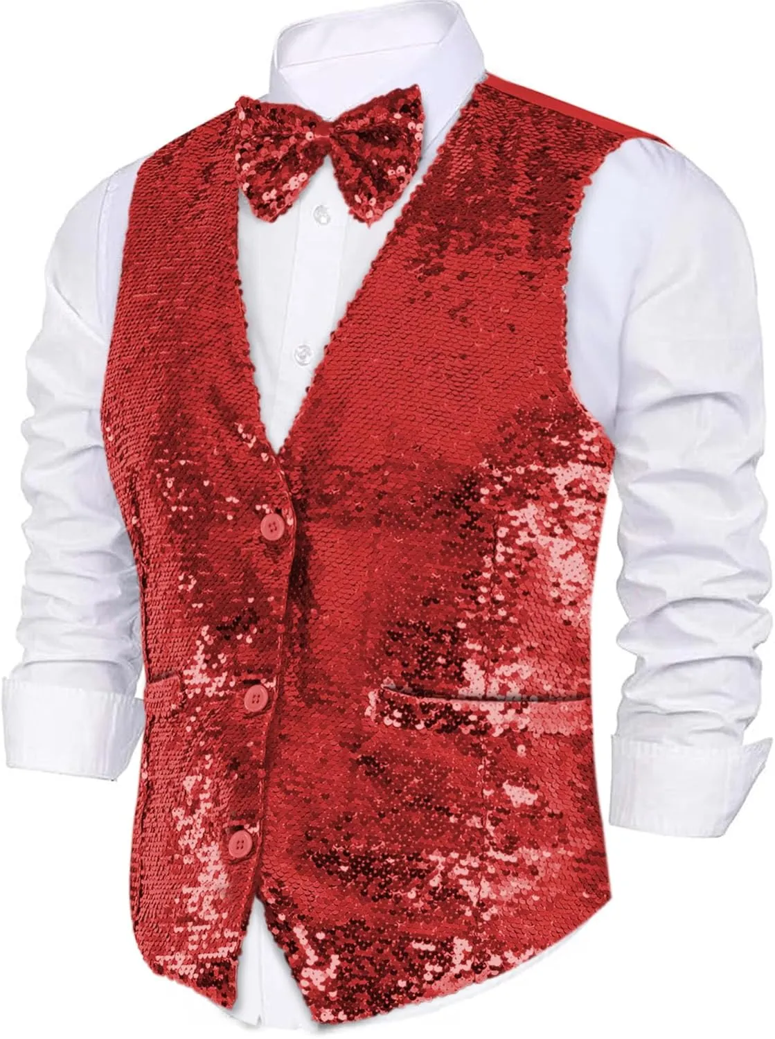 Dress Up America Sequin Vest with Bowtie - Sparkly Vest for Men - Costume Party Vest for Adults - Men Sequin Vest (Silver)