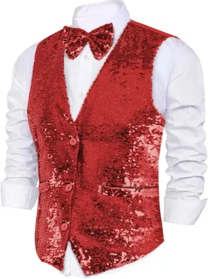 Dress Up America Sequin Vest with Bowtie - Sparkly Vest for Men - Costume Party Vest for Adults - Men Sequin Vest (Silver)