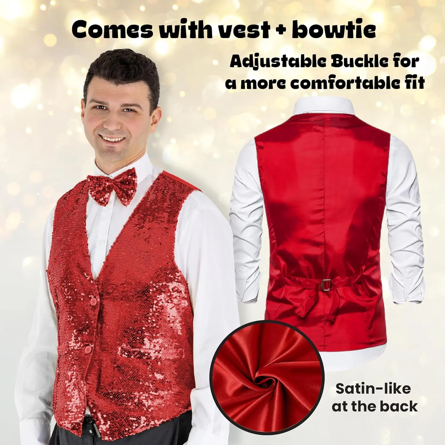 Dress Up America Sequin Vest with Bowtie - Sparkly Vest for Men - Costume Party Vest for Adults - Men Sequin Vest (Silver)