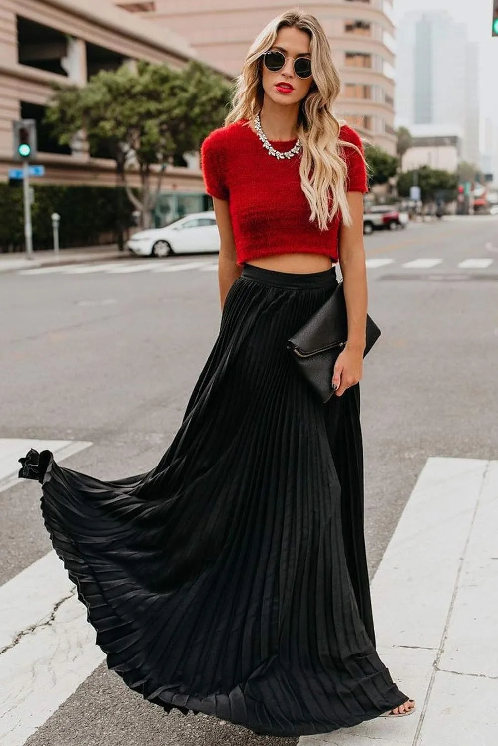 ebossy Women's High Waist Flowy Pleated Chiffon Maxi Skirt