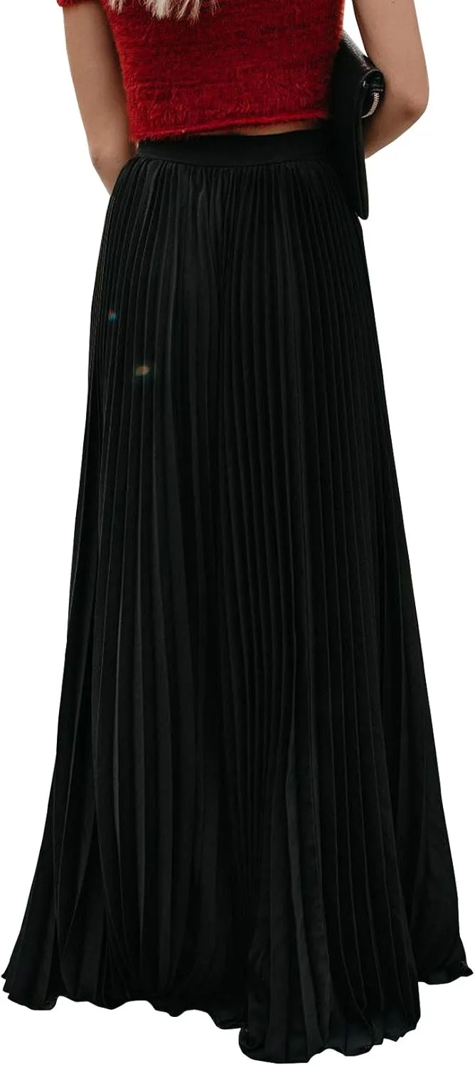 ebossy Women's High Waist Flowy Pleated Chiffon Maxi Skirt