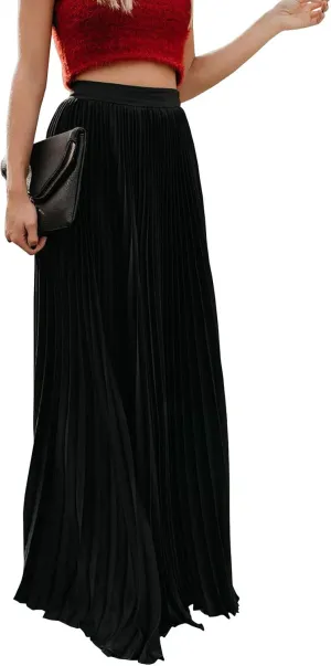 ebossy Women's High Waist Flowy Pleated Chiffon Maxi Skirt