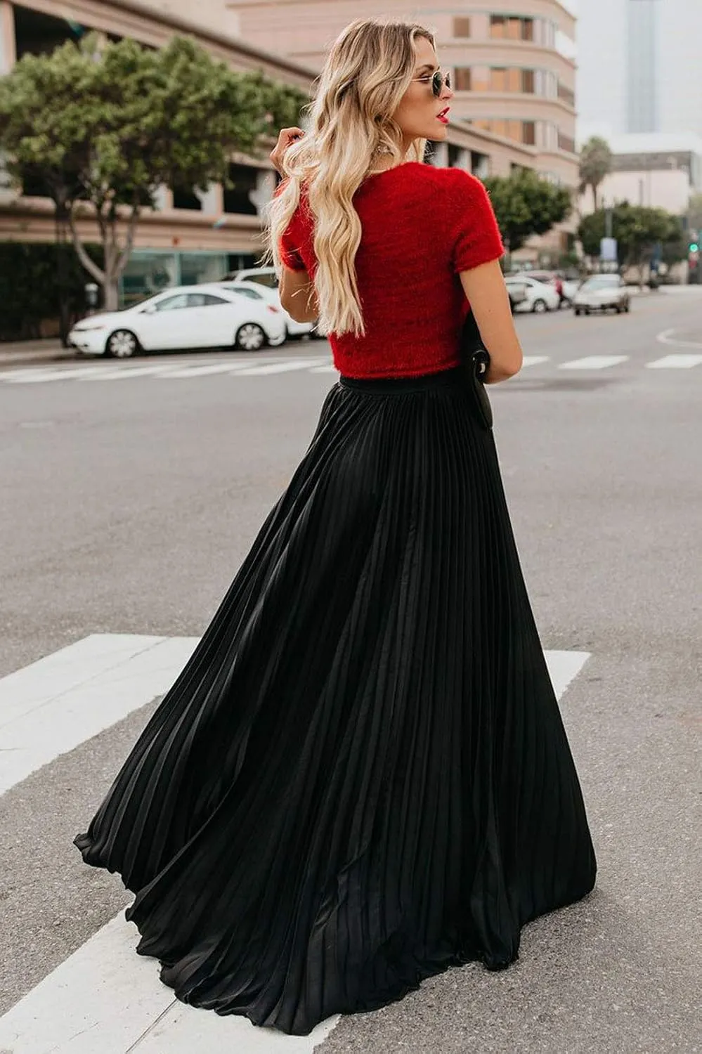 ebossy Women's High Waist Flowy Pleated Chiffon Maxi Skirt