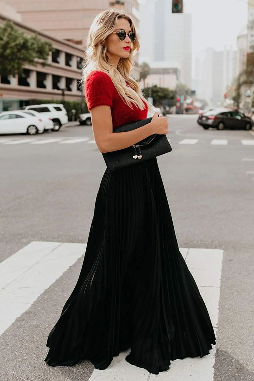 ebossy Women's High Waist Flowy Pleated Chiffon Maxi Skirt