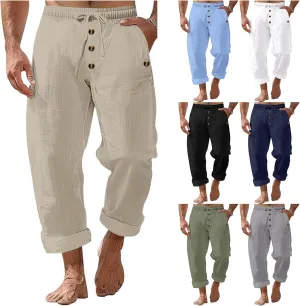 evzosrz Mens Beach Yoga Pants Drawstring Elastic Waist Button Decoration Long Pant Casual Loose Cotton Linen Summer Trousers
