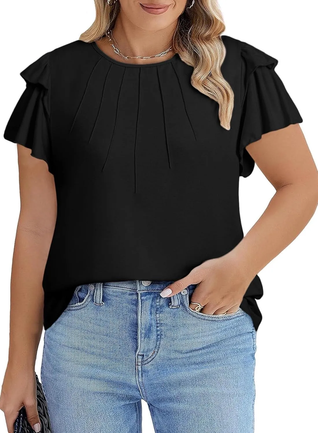 Eytino Women Plus Size Tops Ruffle Short Sleeve Crew Neck Summer Loose Casual Blouse T Shirts(1X-5X)