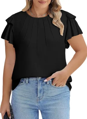 Eytino Women Plus Size Tops Ruffle Short Sleeve Crew Neck Summer Loose Casual Blouse T Shirts(1X-5X)