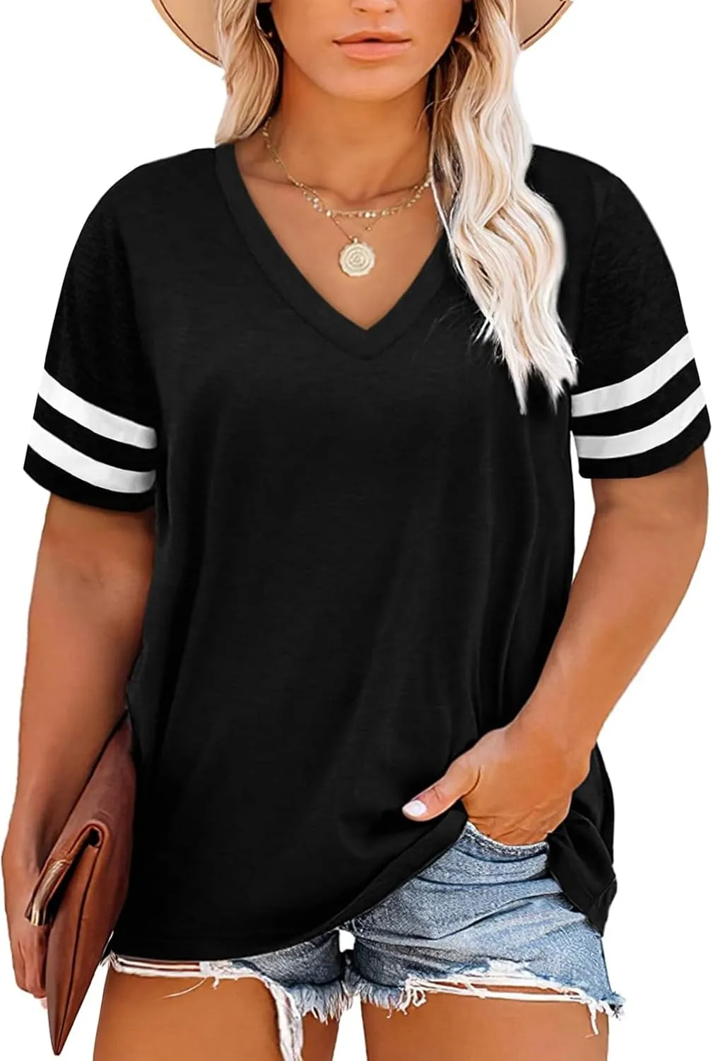 Eytino Women Plus Size Tops V Neck Short Sleeve Striped Causal Loose Blouse Shirts with Pocket(1X-5X)