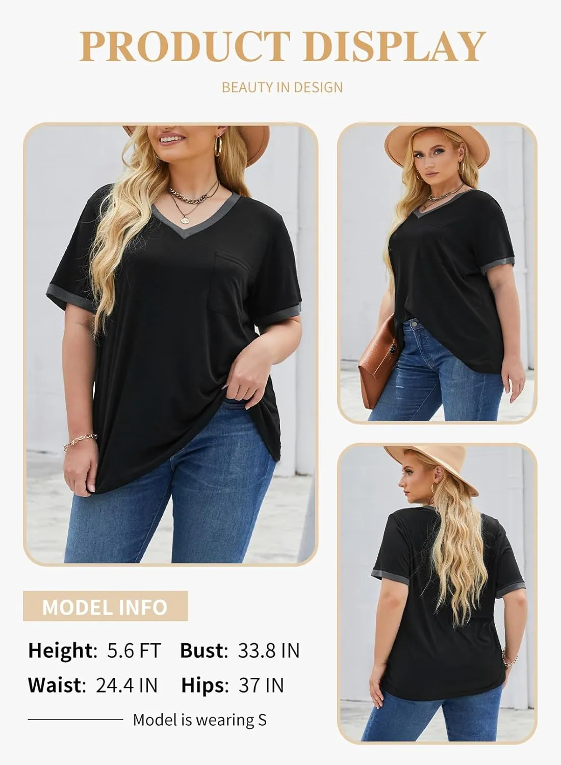 Eytino Women Plus Size Tops V Neck Short Sleeve Striped Causal Loose Blouse Shirts with Pocket(1X-5X)