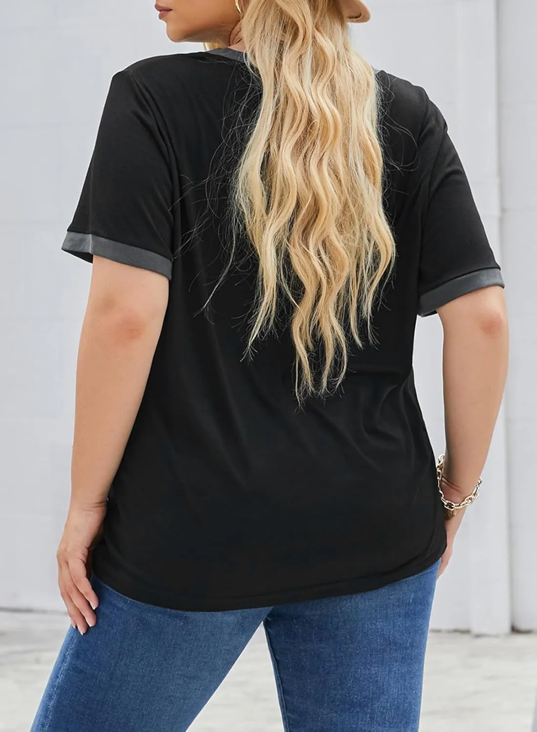 Eytino Women Plus Size Tops V Neck Short Sleeve Striped Causal Loose Blouse Shirts with Pocket(1X-5X)