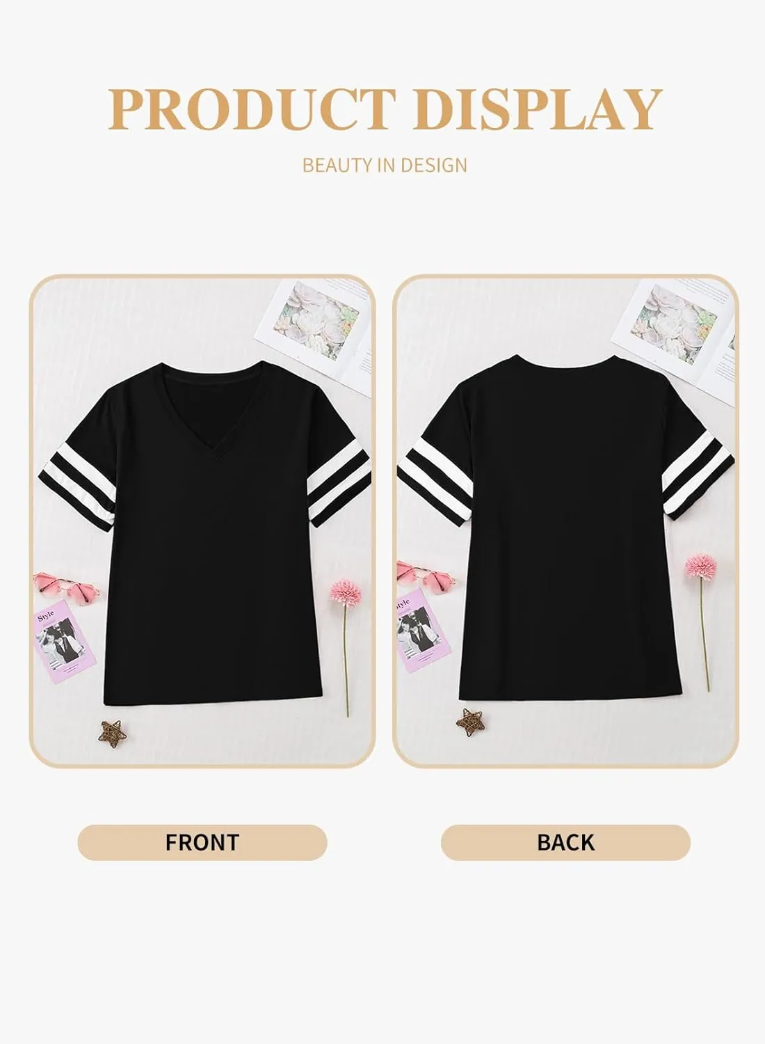 Eytino Women Plus Size Tops V Neck Short Sleeve Striped Causal Loose Blouse Shirts with Pocket(1X-5X)