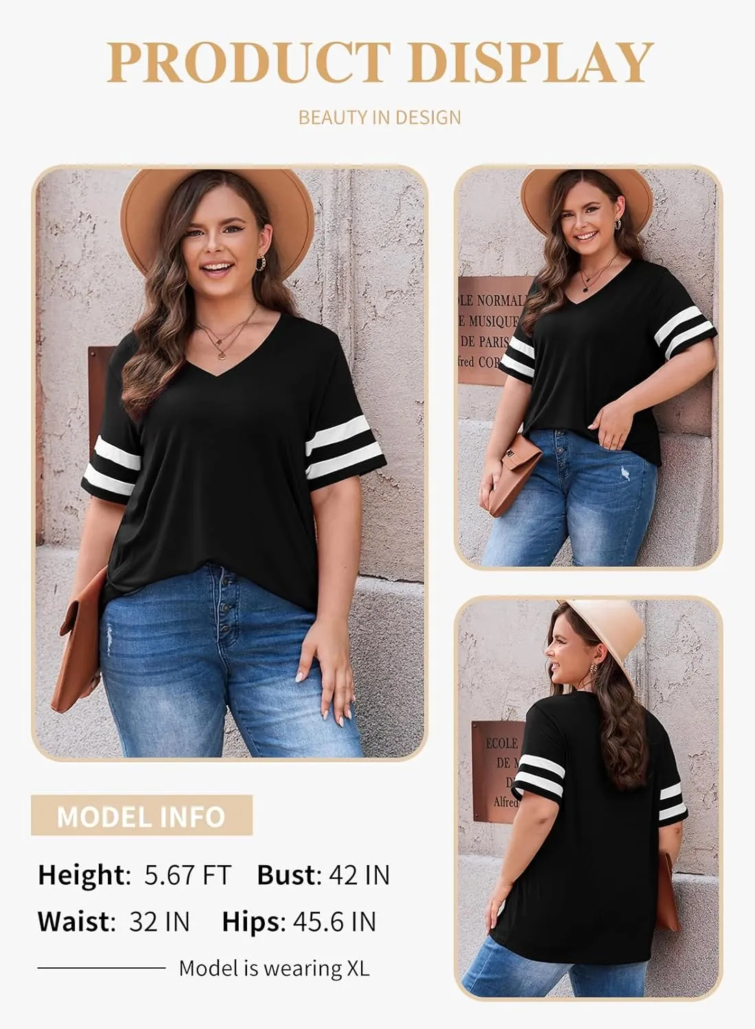 Eytino Women Plus Size Tops V Neck Short Sleeve Striped Causal Loose Blouse Shirts with Pocket(1X-5X)
